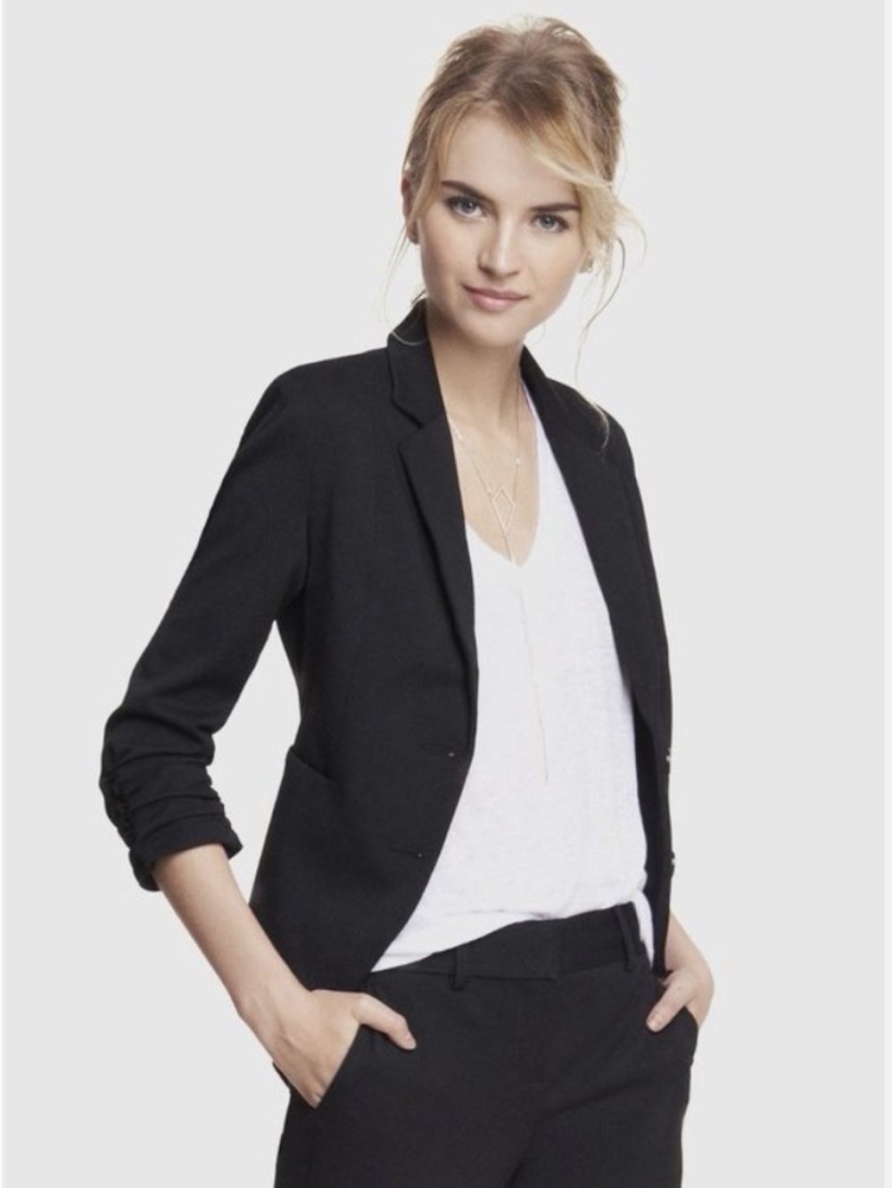 Express Black Women's Blazer with Ruched Sleeves
